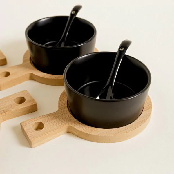 COPETINERO CERAMICA NEGRA CON BASE BAMBOO Y CUCHARA